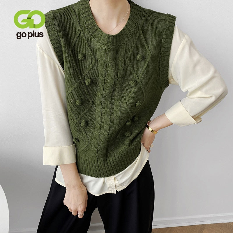 GOPLUS Sweater Women Vintage Sleeveless Ladies Tops O-Neck Sweater Vest Dames Pull Kobieta Swetry Femme Chandails Vrouw Truien