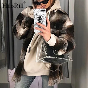 HiloRill Autumn Winter Streetwear Plaid Jacket Women Batwing Long Sleeve Loose Coat Office Casual Pocket Tops Ladies Outerwear