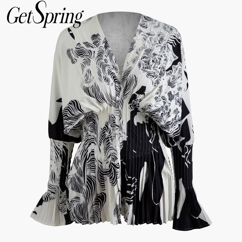 GetSpring Women Blouse Elegant Printed Women Shirts Pleated Long Sleeve V Neck White Shirt Ladies Tops Fashion Printed Blouses