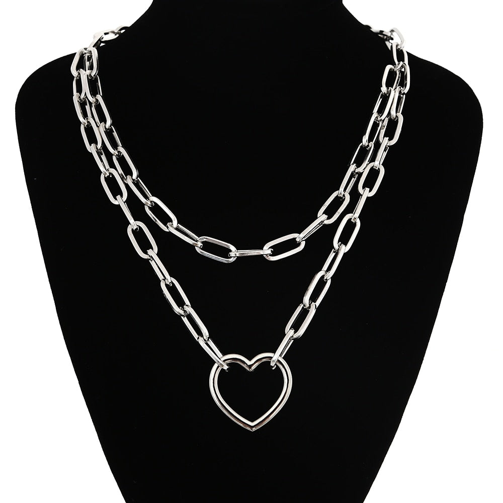 Double layer Lock Chain necklace grunge punk 90s link chain silver color padlock pendant necklace women aesthetic egirl jewelry