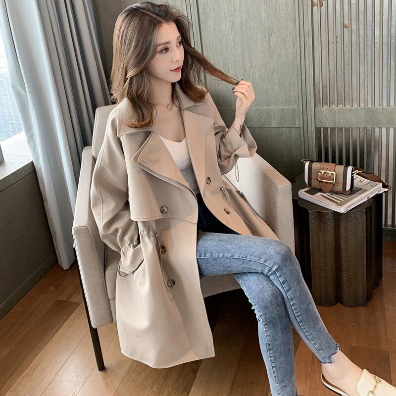 Trench coat women's long section small Korean version loose loose net red suit collar waist casual retro