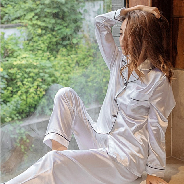 Sleepwear Women's Faux Silk Satin Pajamas Set Nightwear Long Sleeve Pajamas Home Clothes Set For women Sleeping Shirt Home Wear