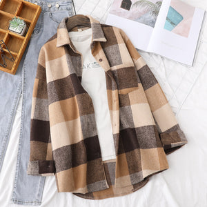 Woolen Plaid Shirts Womens Blouses Winter Thick Long Sleeve Lady Tops Loose Checked Female Clothing Outwear Coat Plus Size