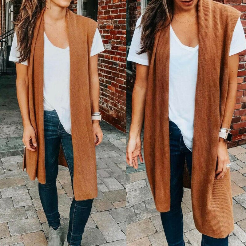 Women Sleeveless Solid Coat Vest Open Front Pocket Jacket Kimono Ladies Cardigan Outwear