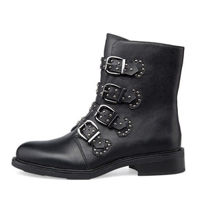 Leather Women Ankle Boots Autumn Rivet Buckle Short Boots For Ladies Flat Fashion Woman Black Winter Punk Motocycle Shoes 2020