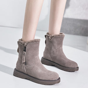 2020  Genuine Leather Winter Zipper Fur Warm Plush Ankle Snow Boots With Platform Low Heels Short Booties Women Flat Shoes