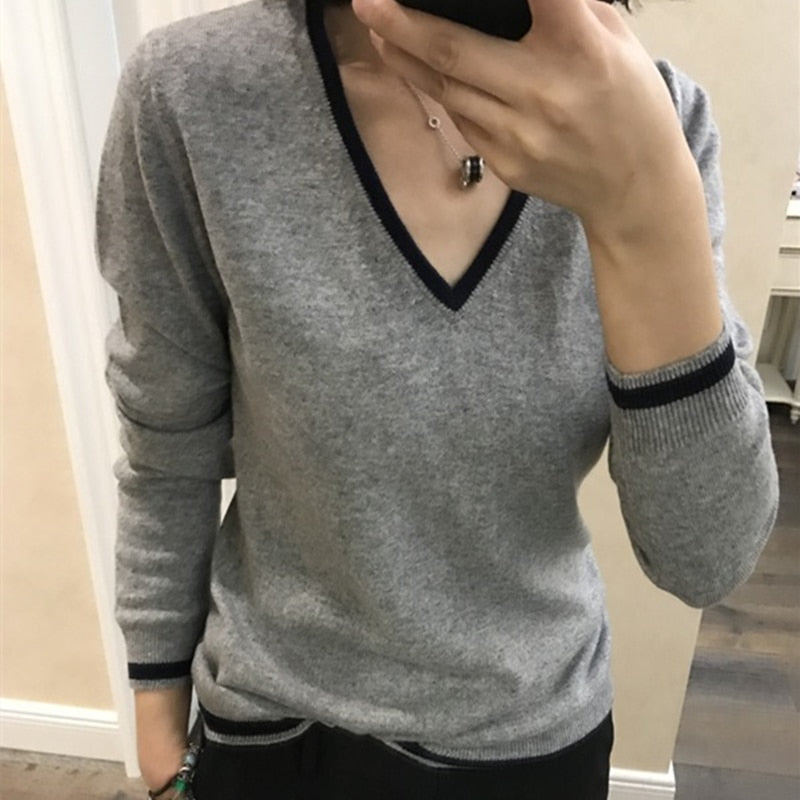 Hit Color Cashmere Cotton Blended V-Neck Sweater Women 2020 Autumn Winter Knitwear Jumper Pull Femme Pullover Sweater