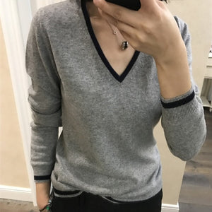 Hit Color Cashmere Cotton Blended V-Neck Sweater Women 2020 Autumn Winter Knitwear Jumper Pull Femme Pullover Sweater