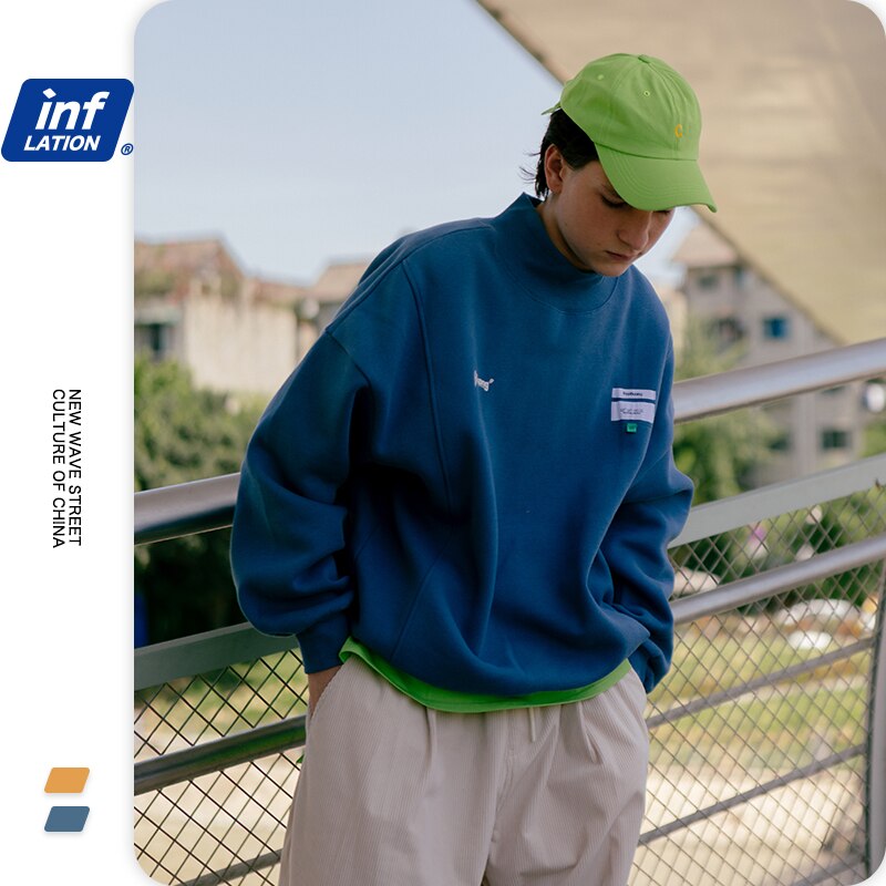 INFLATION Men Thick Fleece Sweatshir Streetwear толстовка 2020 Winter Letter Printing High Collar Loose Sweatshirt Men 1345W