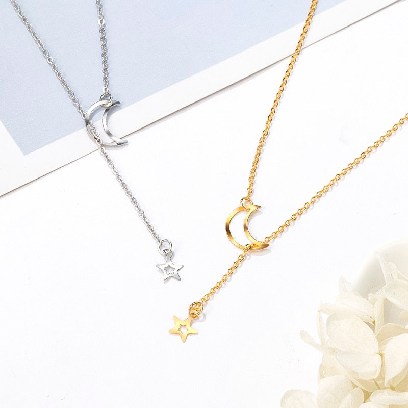 POXAM New Fashion Trendy Jewelry Copper Alloy Star Moon Chain Link Necklaces & Pendants For Women Girl 2020 Jewelry Wholesale