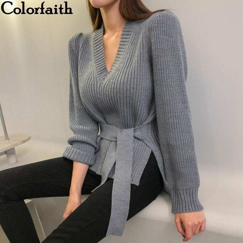 Colorfaith New 2020 Autumn Winter Women's Sweaters V-Neck Lace Up Minimalist  Fashionable Korean Style Stylish Solid SW8110