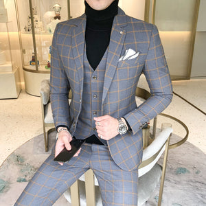Men Dress Suits British 3Piece Men Wedding Suit New 2020 Autumn Mens Business Formal Plaid Suit Men Luxury Slim Fit Dress
