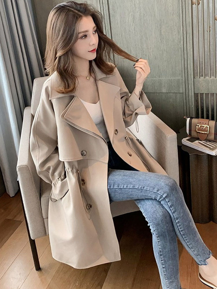 Trench coat women's long section small Korean version loose loose net red suit collar waist casual retro