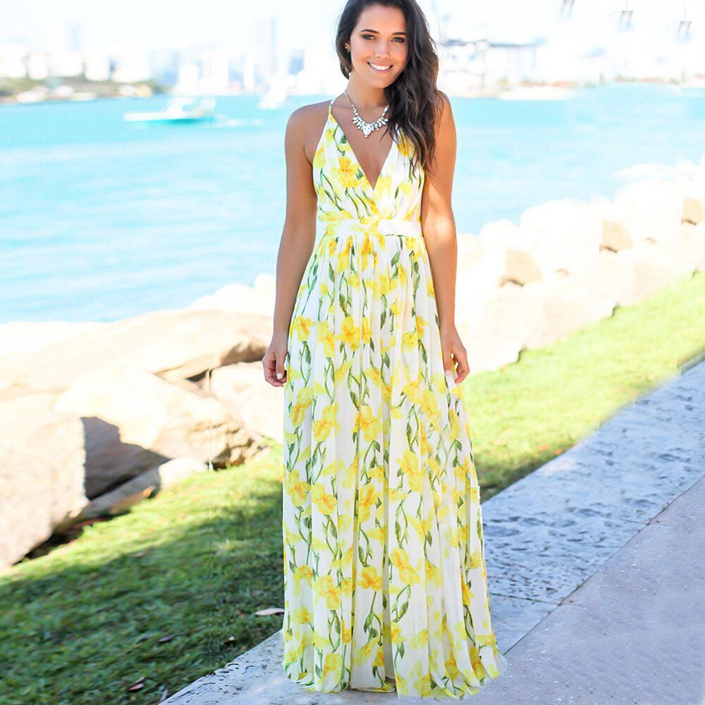Floral Maxi Dresses for Women Summer 2021 Green V Neck Sleeveless Casual Halter Sundresses Women Party Beach Sexy Dress