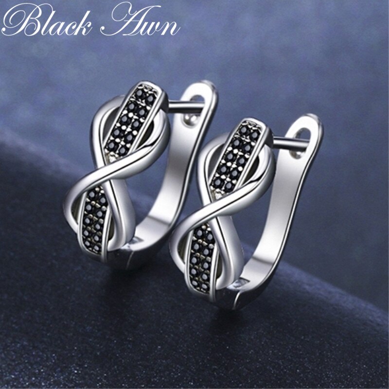 2020 Black Awn 925 Sterling Silver Round Black Trendy Spinel Engagement Bow Hoop Earrings for Women Fine Jewelry Bijoux I157
