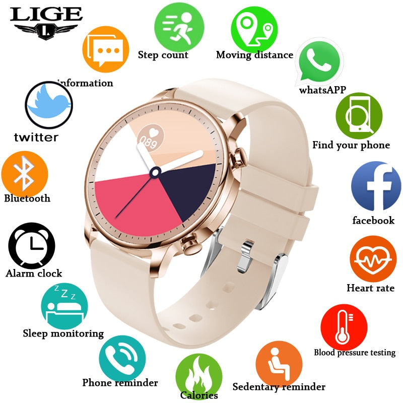 LIGE ladies smart watch ladies full touch fitness tracker Heart Rate Monitor IP67 waterproof Blood oxygen smart man Smartwatch
