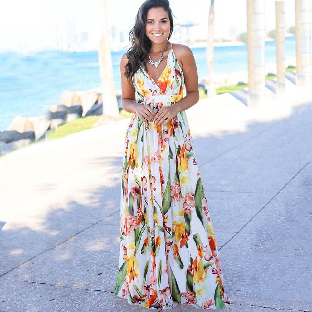 Floral Maxi Dresses for Women Summer 2021 Green V Neck Sleeveless Casual Halter Sundresses Women Party Beach Sexy Dress