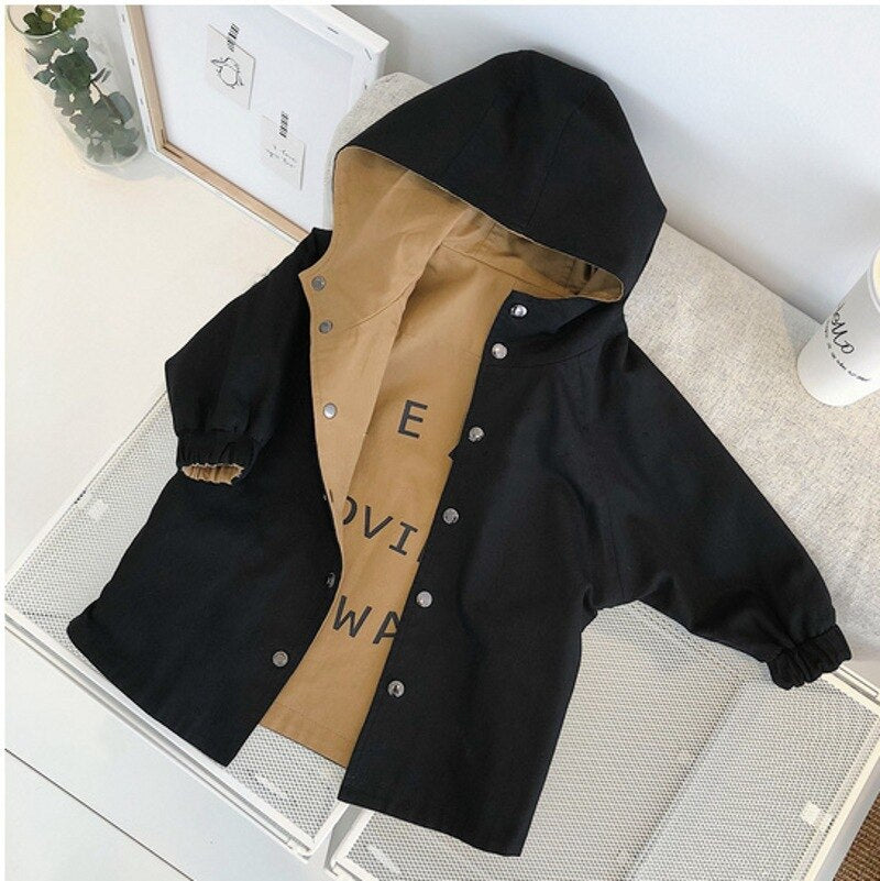 Bébé garçon vêtements garçon printemps et automne double face lettre impression mi-longue coupe-vent garçon bébé à capuche coton veste