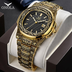 Mode montre à quartz hommes marque ONOLA luxe rétro or acier inoxydable montre hommes or hommes montre reloj hombre