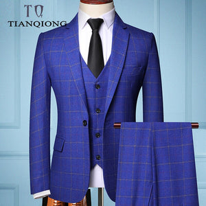 2019 Three-piece Male Formal Business Plaids Suit for Men's Fashion Boutique Plaid Wedding Dress Suit ( Jacket + Vest + Pants )
