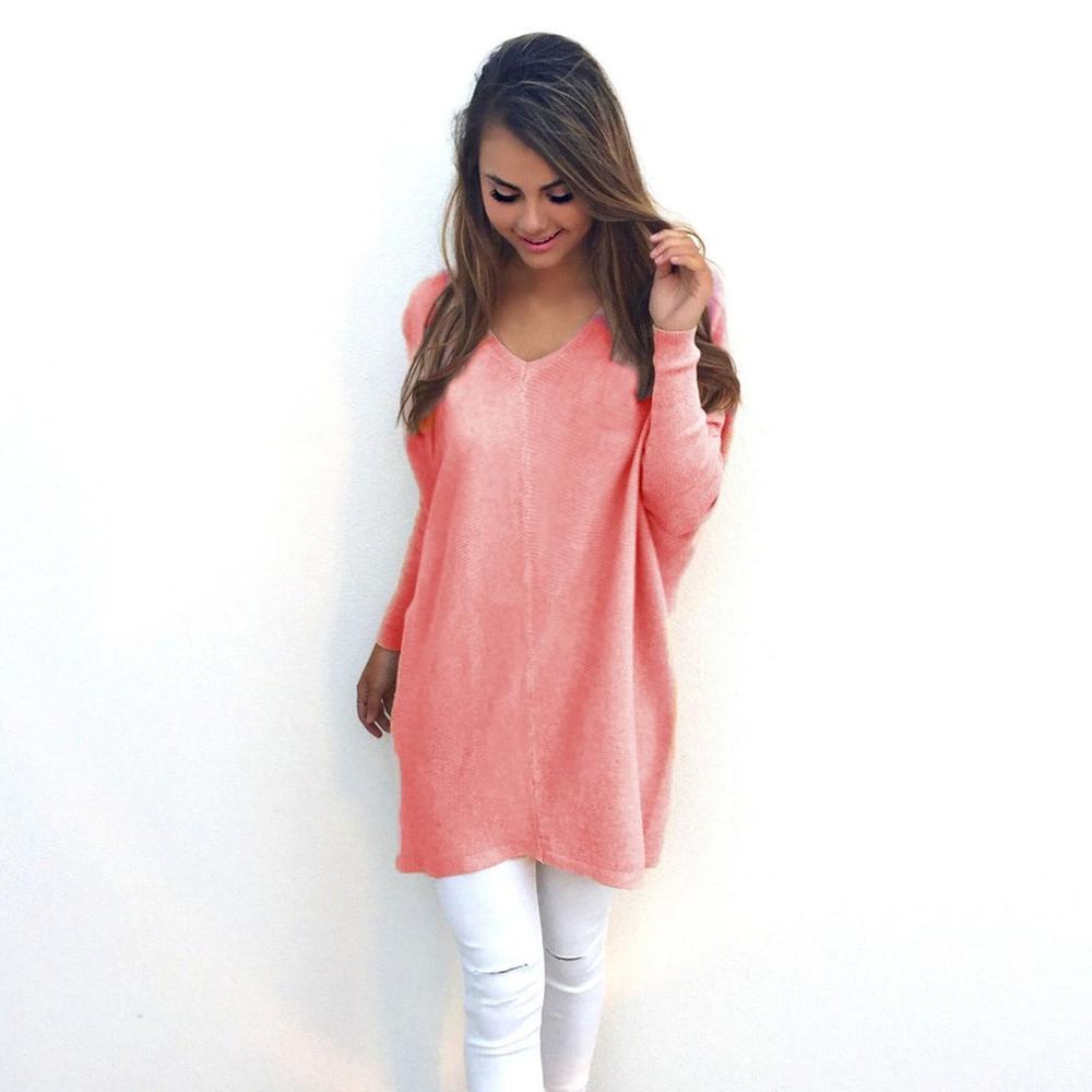 V-Neck Long-Sleeved Women'S Sweater Knitted Long Top Sweaters