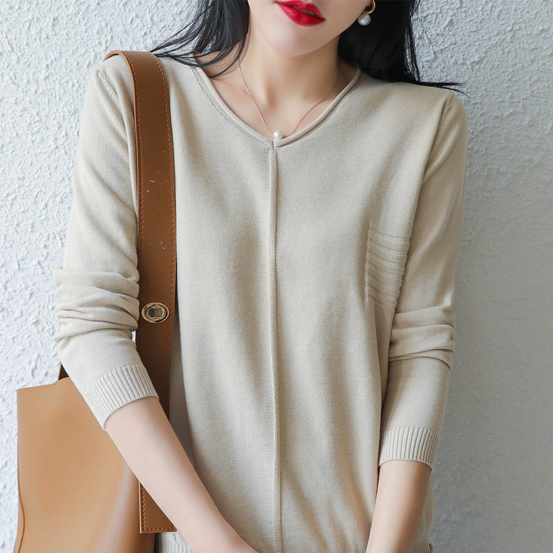 LITVRIYH New Women Sweater 100% Cotton Knitted Sweater Women Pullover V-Neck Long Sleeve Female Pullover Pull Femme Jumper Tops