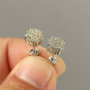 Female Luxury Austria Crystal Screw Back Stud Earrings For Women White/Blue/Purple Round Zircon Hip Hop Earrings Wedding Jewelry