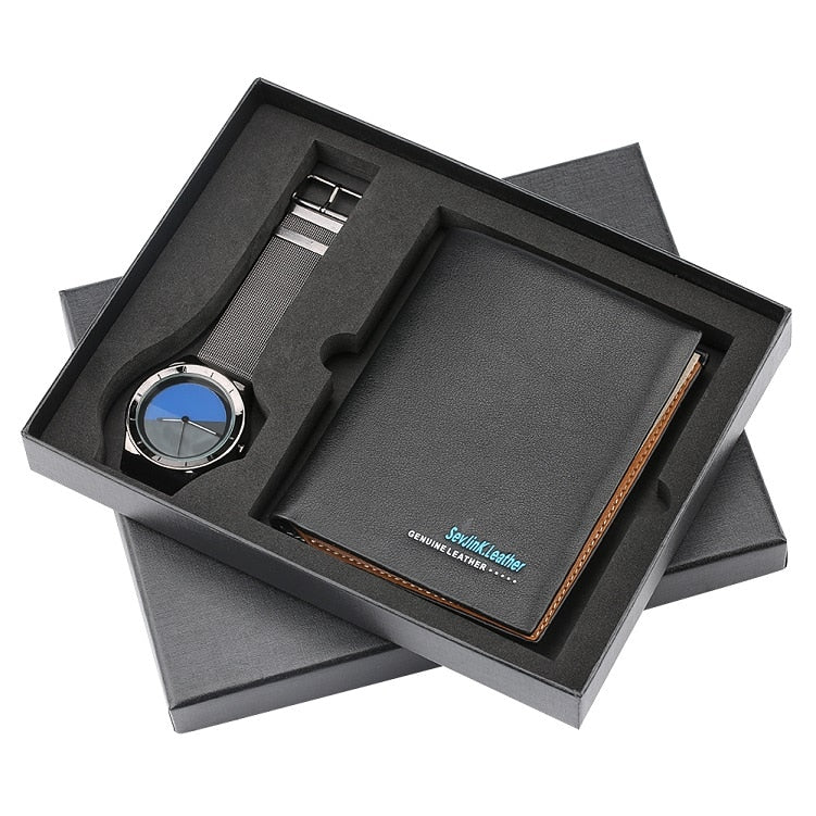Mens Watches Luxury Minimalist Quartz Wrist Watch Card Holder Wallet Watches Men Gift Set Watches for Dad Husband Boy Friend