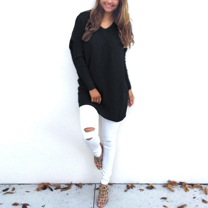 V-Neck Long-Sleeved Women'S Sweater Knitted Long Top Sweaters