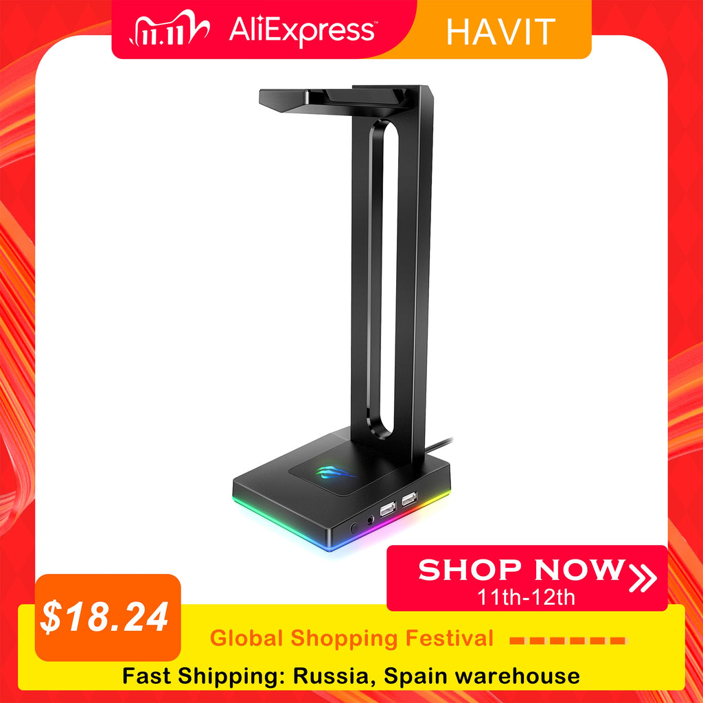 Havit TH630 RGB Headphones Stand with 3.5mm AUX and 2 USB Ports, Headphone Holder for Gamers Gaming PC Accessories Desk
