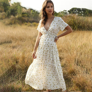 2020 Summer Beach Holiday Dress Women Casual Floral Print Elegant  Boho Long Dress Ruffle Short-Sleeve V-neck Sexy Party Robe