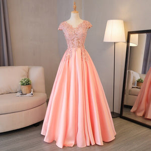 Beauty Emily Gorgeous 2020 Long Lace Appliques Pink Evening Dresses V Neck Sleeveless Pleated Prom Gown For Ceremony Party Dress
