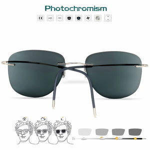 Titanium Transition Aviation Sunglasses Photochromic Reading Glasses Rimless Eyeglasses Men with Diopters