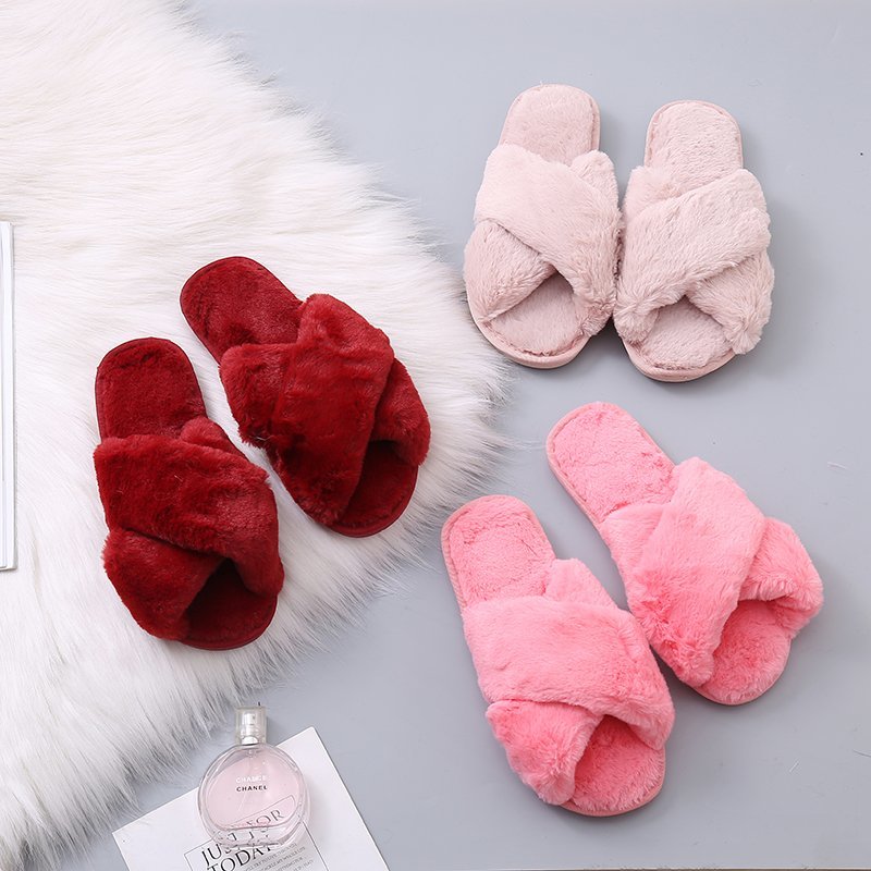 Warm Fluffy Slippers Women Cozy Faux Fur Cross Indoor Floor Slides Flat Soft Furry Shoes Ladies Female Celebrities Flip Flops