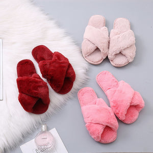 Warm Fluffy Slippers Women Cozy Faux Fur Cross Indoor Floor Slides Flat Soft Furry Shoes Ladies Female Celebrities Flip Flops