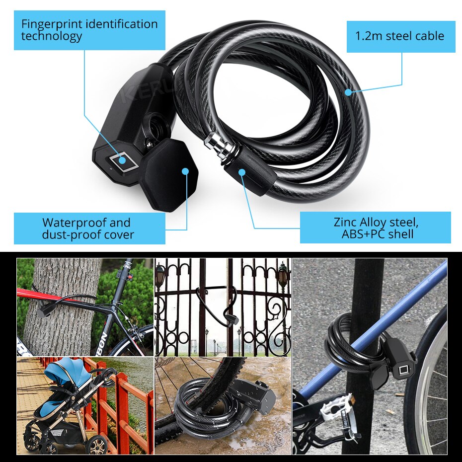 KERUI Bike Lock Keyless Fingerprint Bicycle Lock Safe Anti-theft Anti-shear Smart Door Lock for Motorcycle Gate Fence Outdoor