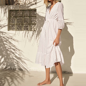 Women Summer ZA White V-Neck Dress 3/4 Sleeve Buttons Bow Tie Slim Casual Female Elegant Party A-Line Dresses Clothes Vestidos