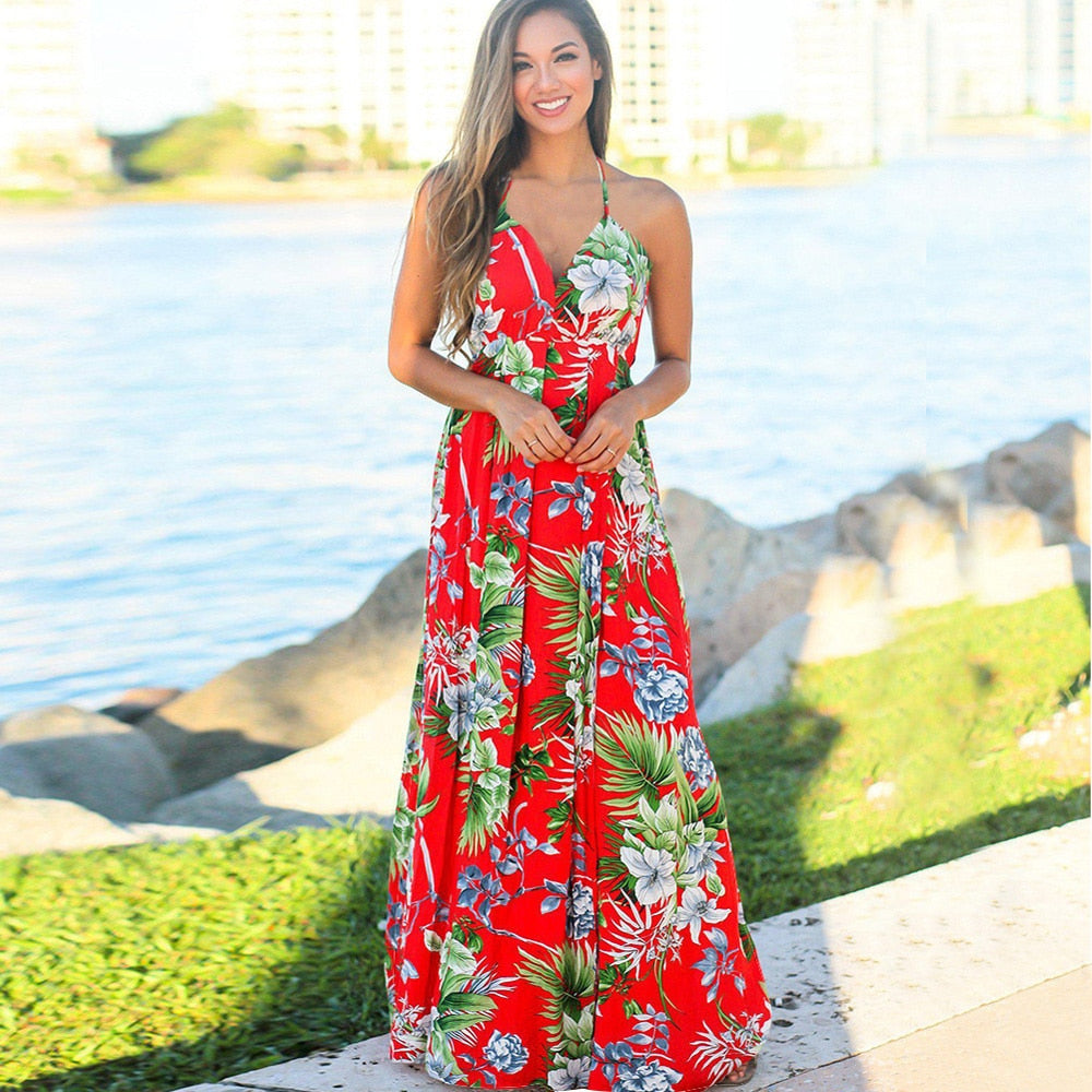 Floral Maxi Dresses for Women Summer 2021 Green V Neck Sleeveless Casual Halter Sundresses Women Party Beach Sexy Dress