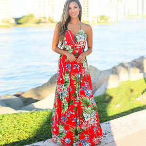 Floral Maxi Dresses for Women Summer 2021 Green V Neck Sleeveless Casual Halter Sundresses Women Party Beach Sexy Dress