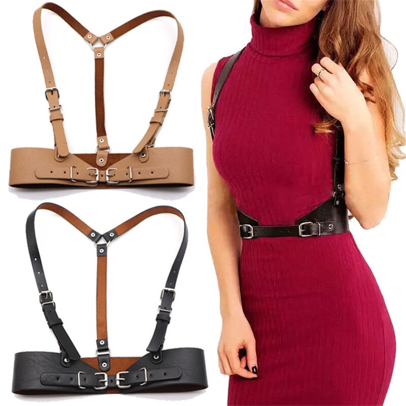 HATCYGGO Women Leather Body Harness Punk Female Body Bondage Chest Belts Lingerie Strap Wide Belt Cummerbund Black Harness Slim Body