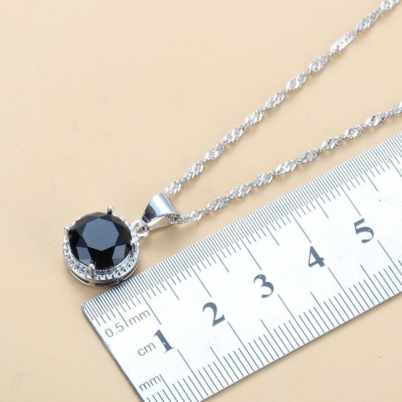 2020 New 925 Silver Wedding Jewelry Sets Black Zircon Dangle Earrings and Necklace Ring 3 piece Set women Trendy Costume
