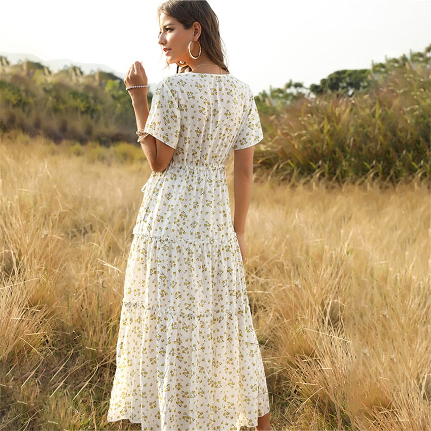 2020 Summer Beach Holiday Dress Women Casual Floral Print Elegant  Boho Long Dress Ruffle Short-Sleeve V-neck Sexy Party Robe
