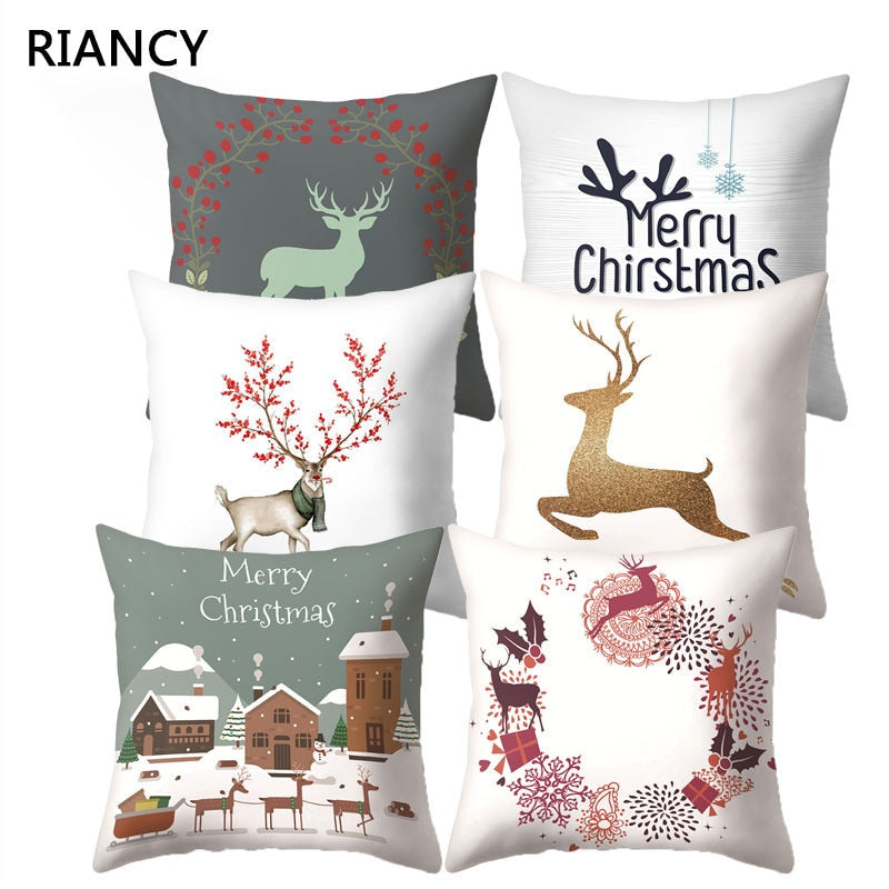 Elk Deer Santa Claus Snowman Christmas Cushion Cover Throw Pillow Xmas New Year Decor Home Decoration Polyester Pillowcase 40543