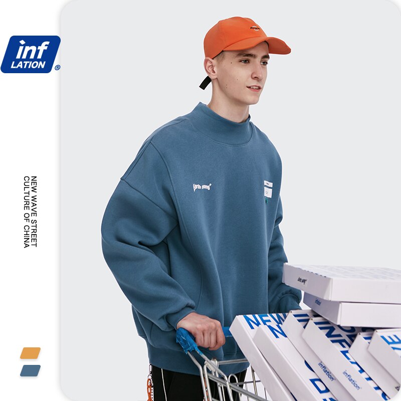 INFLATION Men Thick Fleece Sweatshir Streetwear толстовка 2020 Winter Letter Printing High Collar Loose Sweatshirt Men 1345W