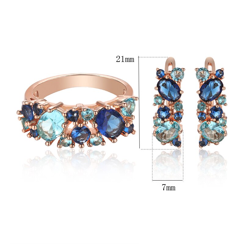 FJ Big Sales 3 Style Women Blue/White Stone Jewelry Sets 585 Gold Color Cubic Zircon Flowers Earrings+Rings Jewelry