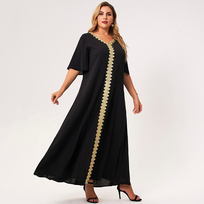 2021 New Summer Maxi Dress Women Black Loose Embroidery Selvedge Hemmed V-neck Ruffle Half Sleeve Elegant Vintage Party Robes