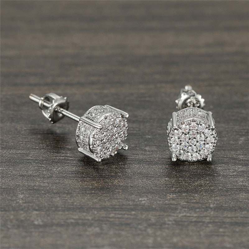 Female Luxury Austria Crystal Screw Back Stud Earrings For Women White/Blue/Purple Round Zircon Hip Hop Earrings Wedding Jewelry
