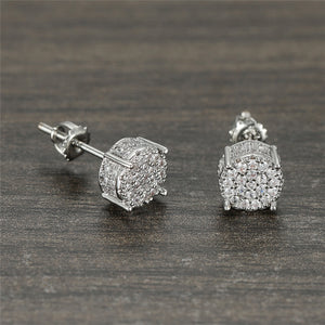 Female Luxury Austria Crystal Screw Back Stud Earrings For Women White/Blue/Purple Round Zircon Hip Hop Earrings Wedding Jewelry