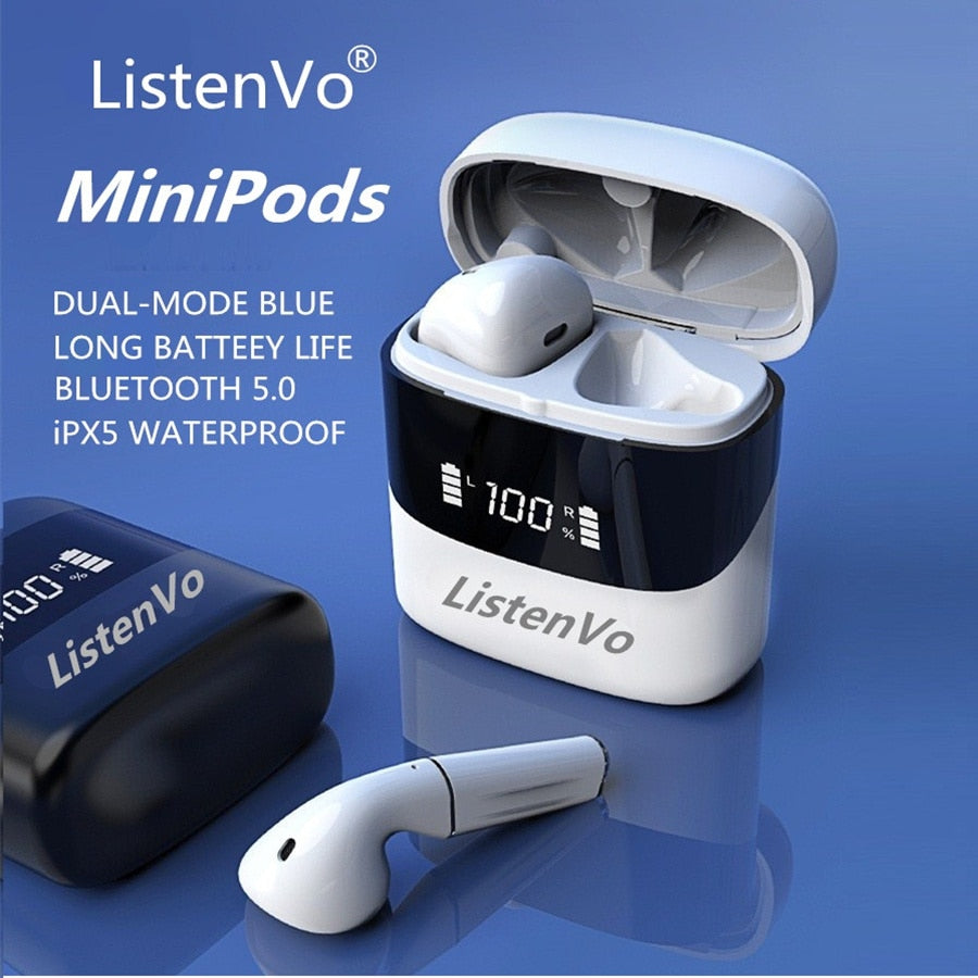 Listenvo miniPods TWS Wireless Headphones mini Bluetooth 5.0 headsets TWS 9D Stereo Earbuds for android iphone12 pk i9000 i90000