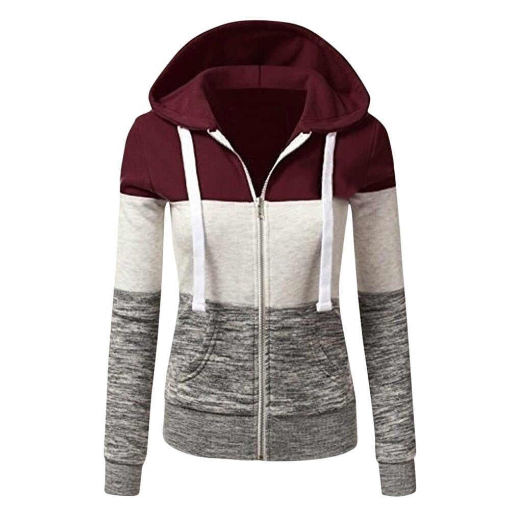 Vestes à capuche Patchwork femmes à capuche fermeture éclair en Polyester poche manteau décontracté cordon sweat-shirts femme vêtements d'extérieur